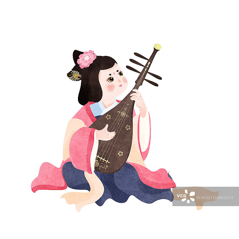 坐着弹琵琶的穿玫红衣服紫裙的唐朝美人插画图片素材