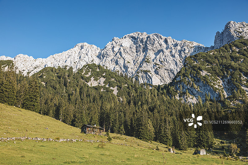 奥地利谢法au am威尔顿皇帝雪山森林高山草甸小屋图片素材