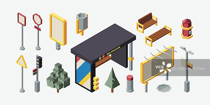 城市公交车站3D 2.5D模型图片素材