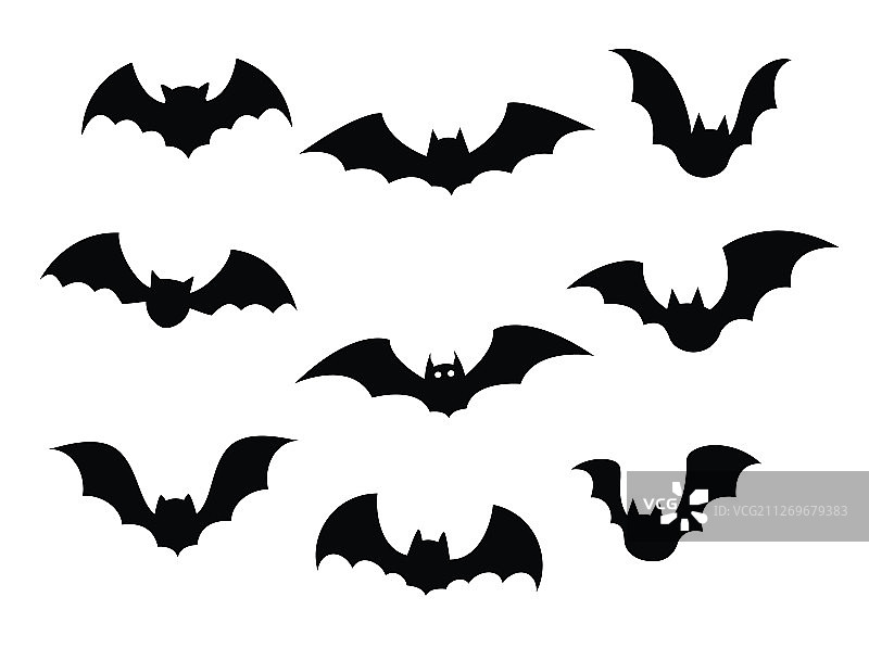 白色背景上的蝙蝠黑色剪影合集图片素材