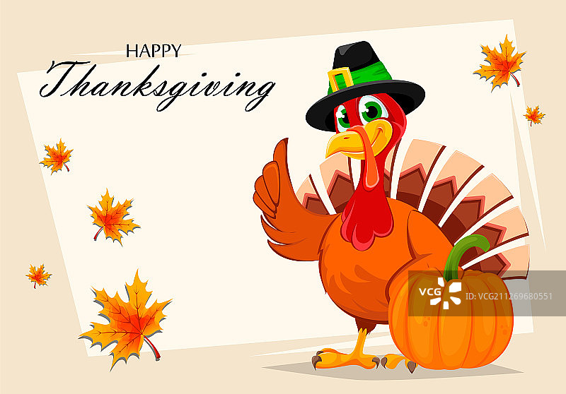 感恩节火鸡站在南瓜旁边图片素材