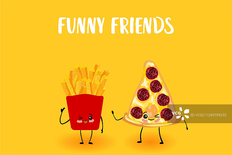 披萨和炸薯条快餐拟人形象图片素材