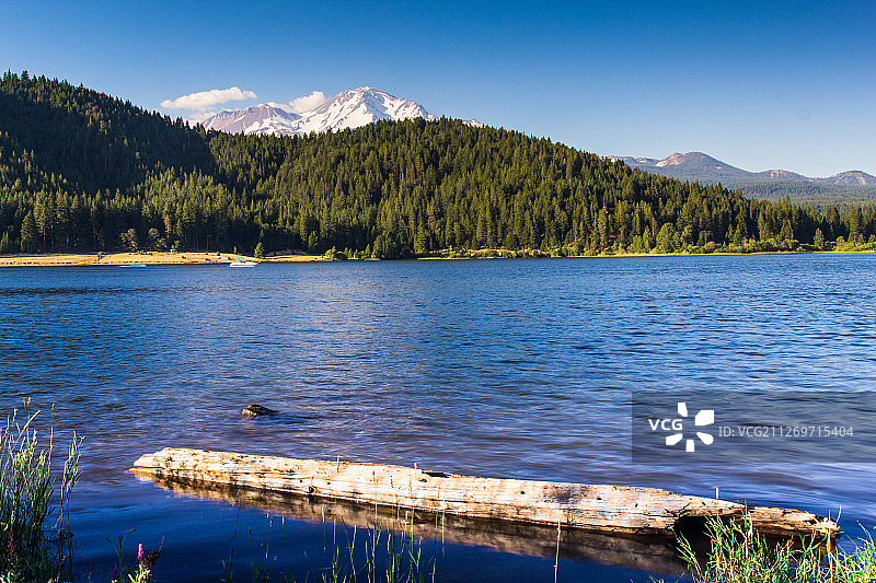 沙斯塔山：从锡斯基尤湖看到的壮丽景色图片素材