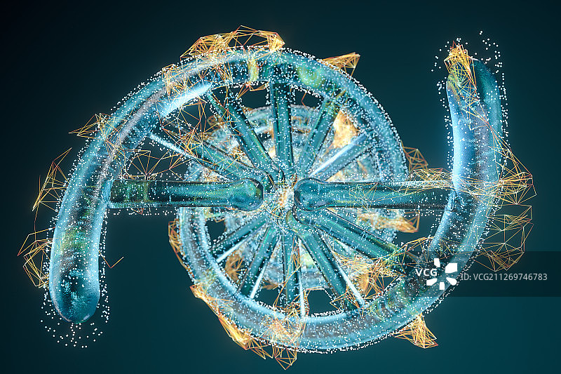 透明DNA与金色发散线条 三维渲染图片素材