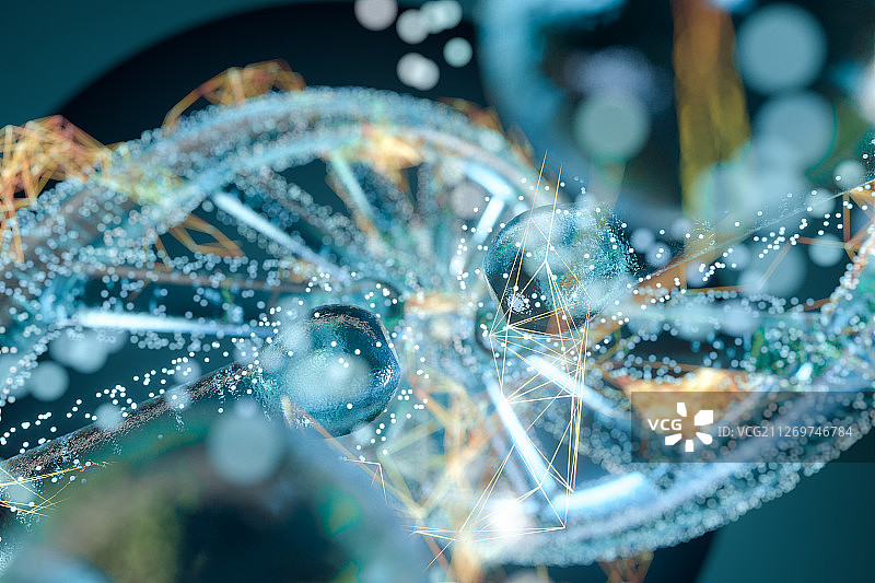 透明DNA与金色发散线条 三维渲染图片素材