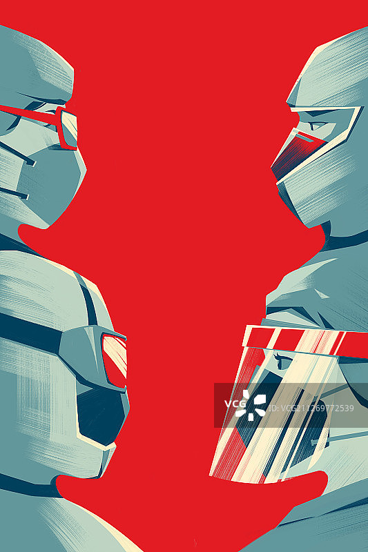 医生穿着防护服带着口罩面对面的头像插画图片素材