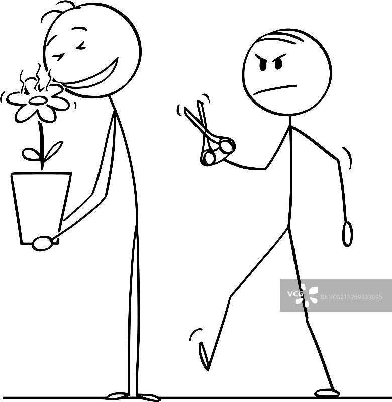 卡通男人闻着美丽的花朵图片素材