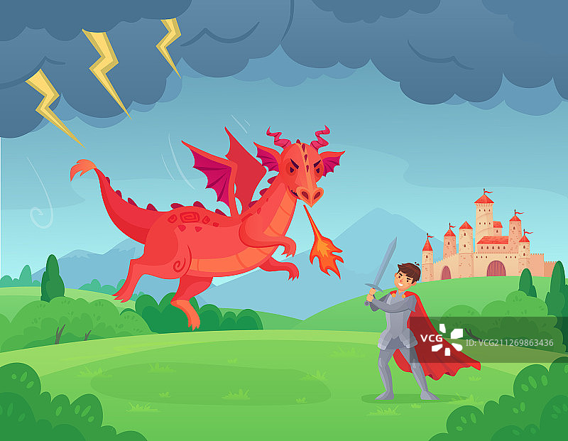 卡通童话骑士与龙剑士战斗图片素材