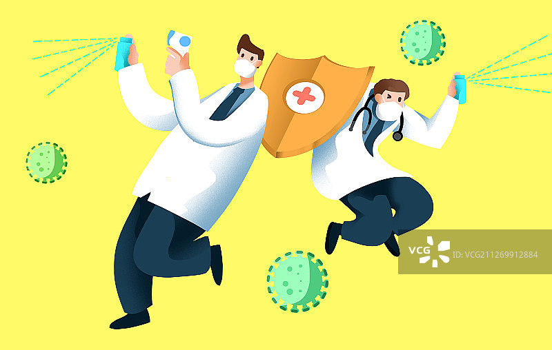 戴口罩医护人员喷洒酒精杀毒杀菌插画图片素材