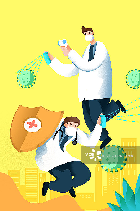 戴口罩医护人员喷洒酒精杀毒杀菌插画图片素材