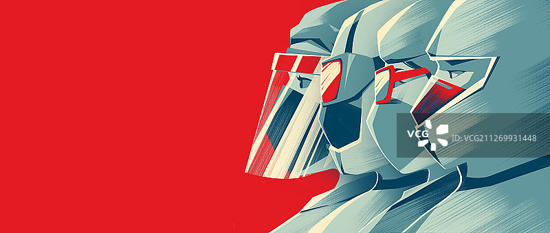 医生穿着防护服带着口罩肩并肩的头像插画图片素材