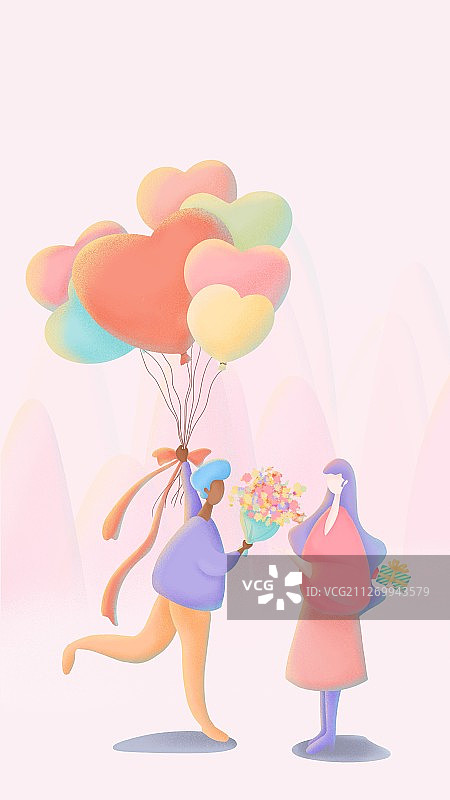 H5开屏男孩手拿气球和花奔向背后藏礼物的女孩图片素材