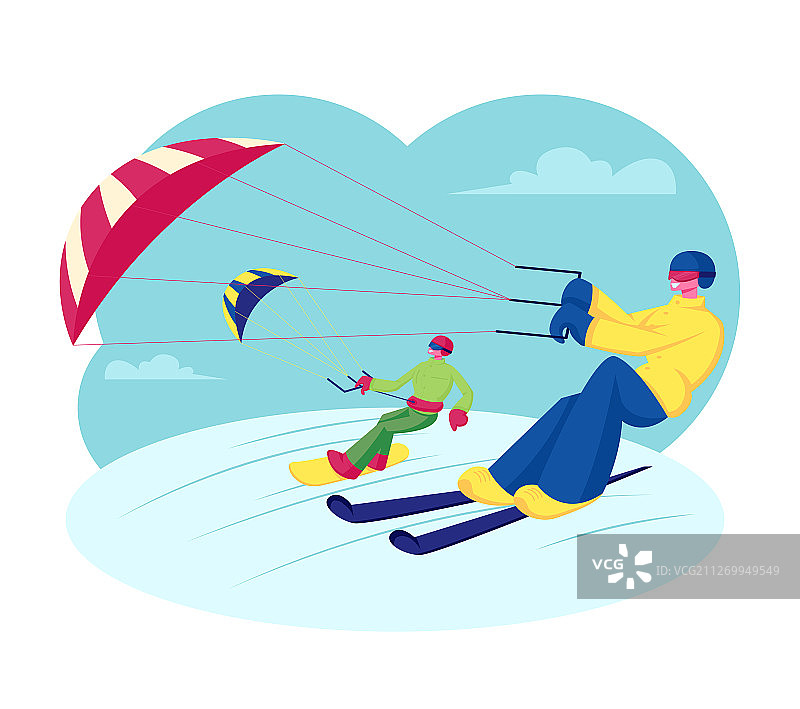 快乐的单板滑雪者和滑雪者与风筝骑图片素材
