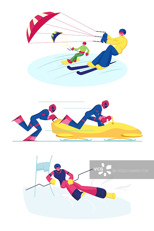 雪地风筝、平底雪橇和滑雪回转项目合集图片素材