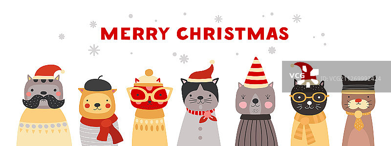 戴圣诞帽的可爱圣诞小猫冬季主题插画图片素材
