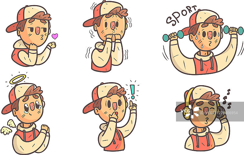 男孩戴着帽子，展示不同的情绪图片素材