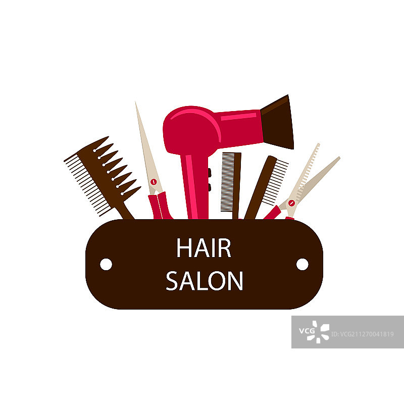 白色背景上的红色吹风机、梳子和剪刀图片素材