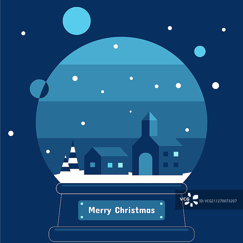 雪球里的房屋、树木和教堂，蓝色调图片素材