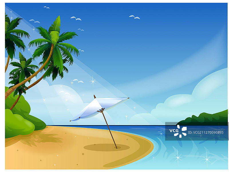 带有遮阳伞和棕榈树的海滩图片素材