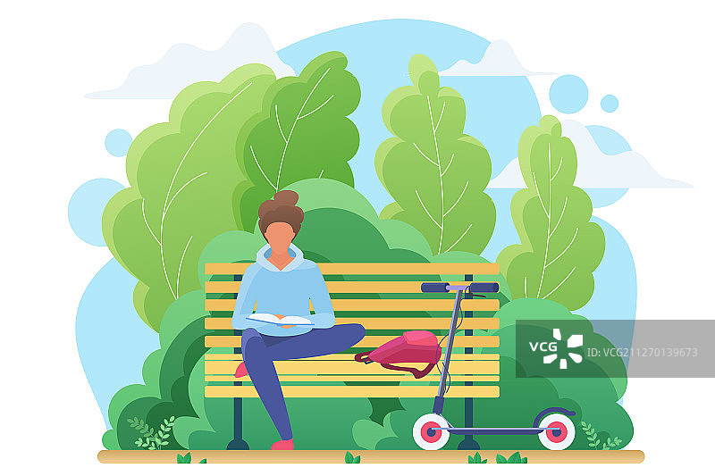 年轻女子在扁平风格的公园里阅读图片素材