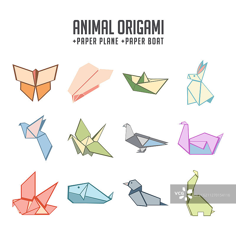 纸飞机和纸船的动物折纸套装图片素材