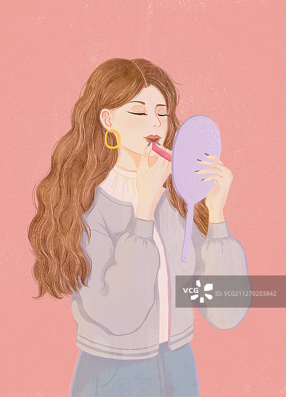 对着镜子涂口红的女人插画图片素材