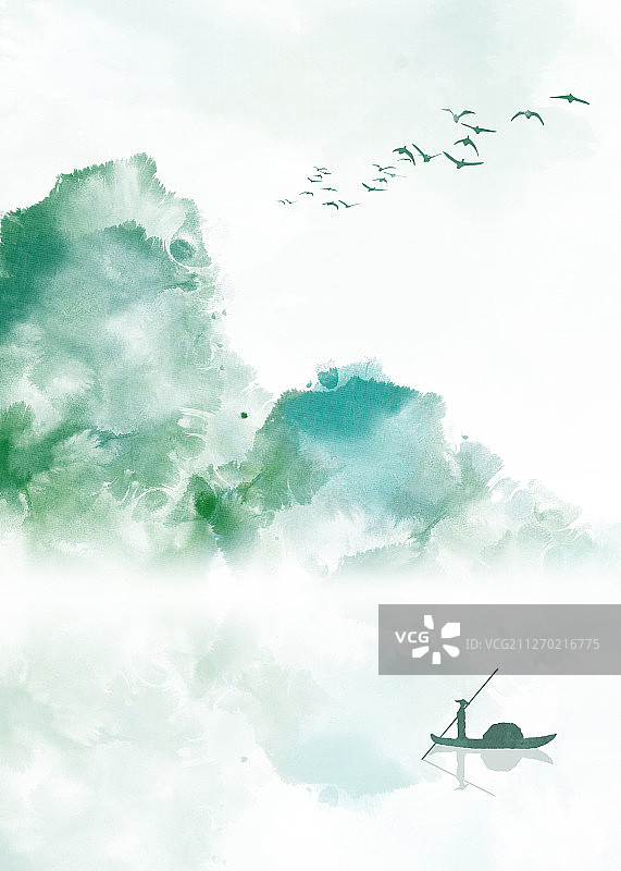 蓝绿色江南风景山水画图片素材