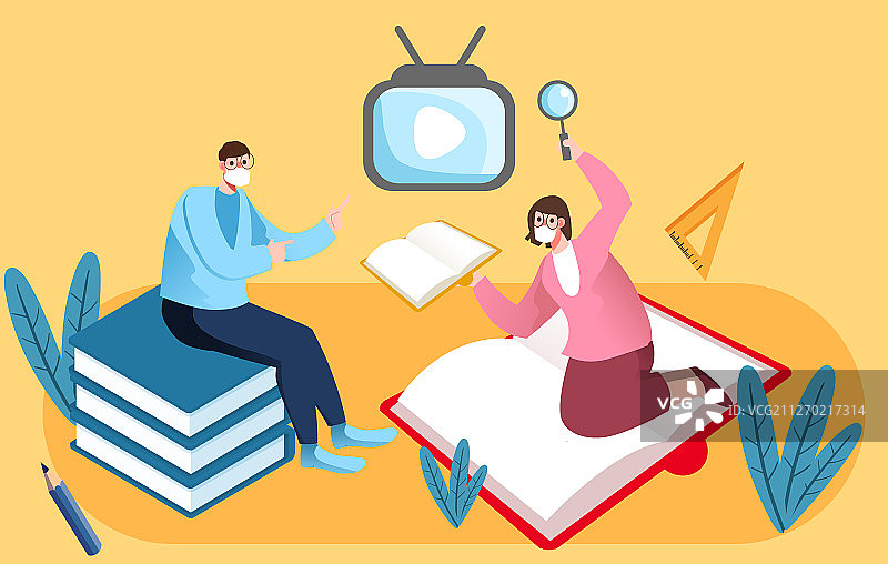 戴口罩学生在家学习网课插画图片素材
