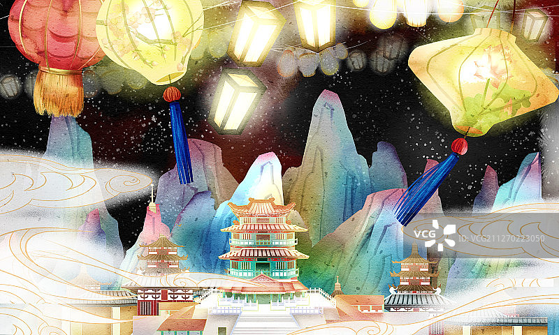 中国风中国古代元宵节花灯展插画图片素材