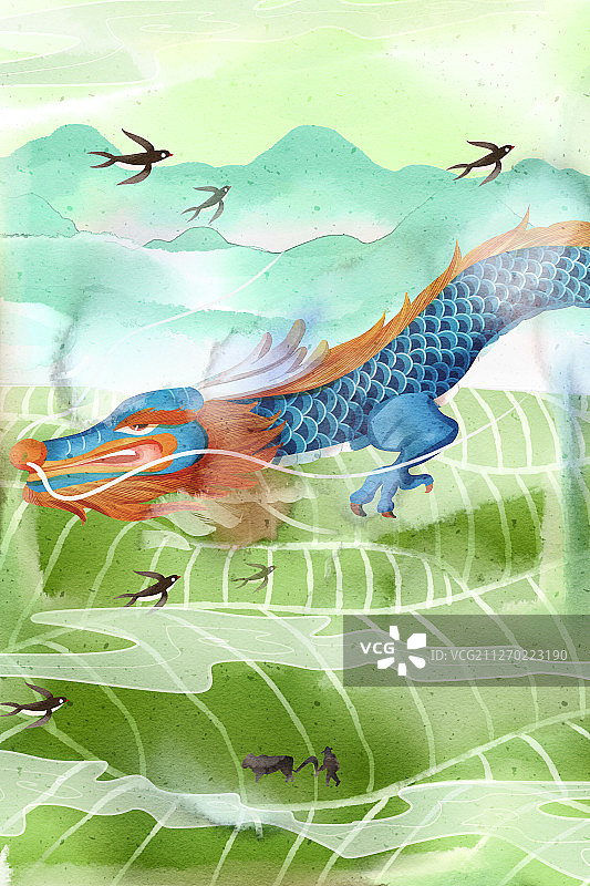 中国风二月二龙抬头飞龙飞过田园插画图片素材