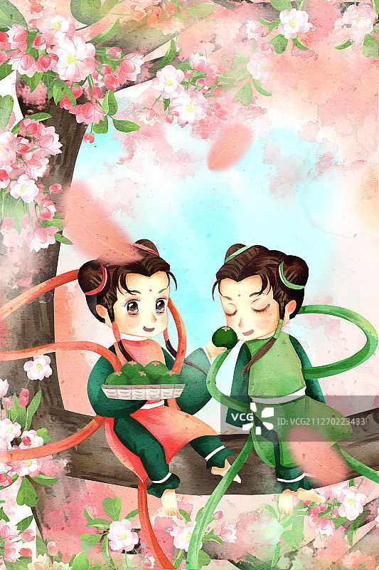 中国风中国传统节日可爱的仙童过寒食节吃青团插画图片素材