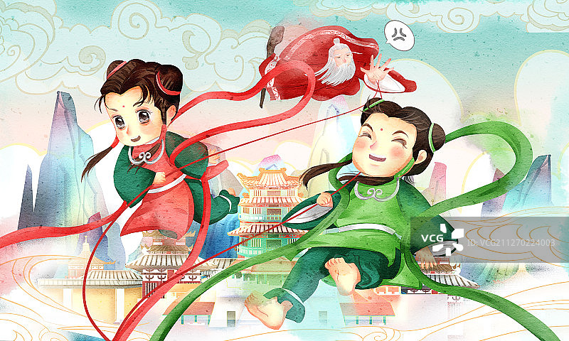 中国风中国传统节日可爱的仙童过七夕节牵红线插画图片素材