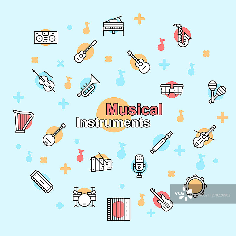 音乐家设备彩色线性图标集图片素材