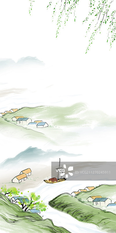 古典文化风景山水画轻舟已过万重山图片素材