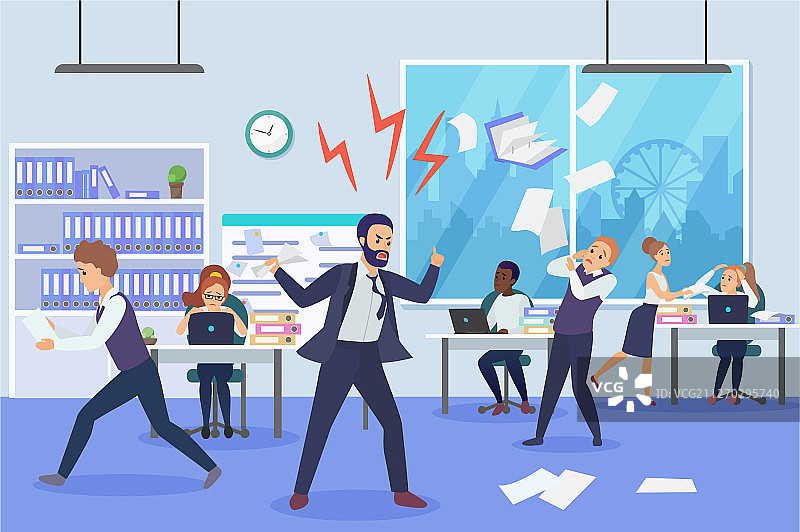 办公室里愤怒的老板（扁平风格）图片素材