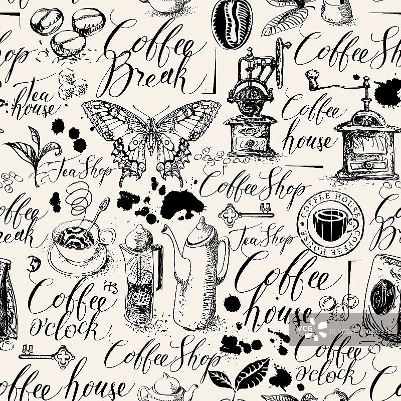 茶和咖啡主题的无缝图案图片素材