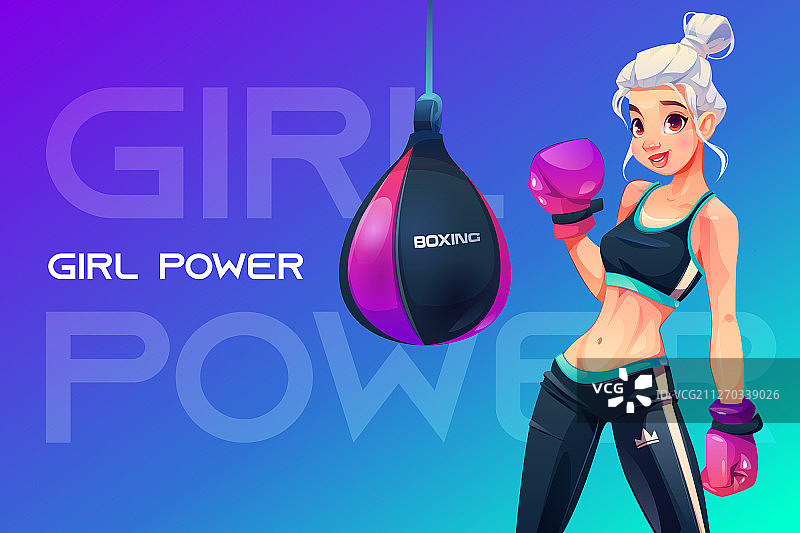戴拳击手套的女人在拳击袋前摆姿势图片素材