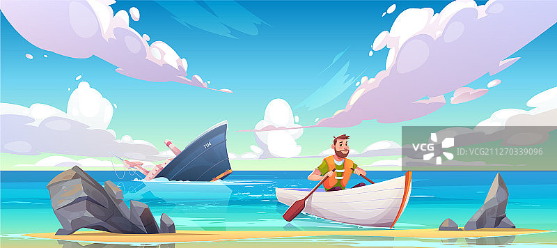 男子在沉船后逃生图片素材