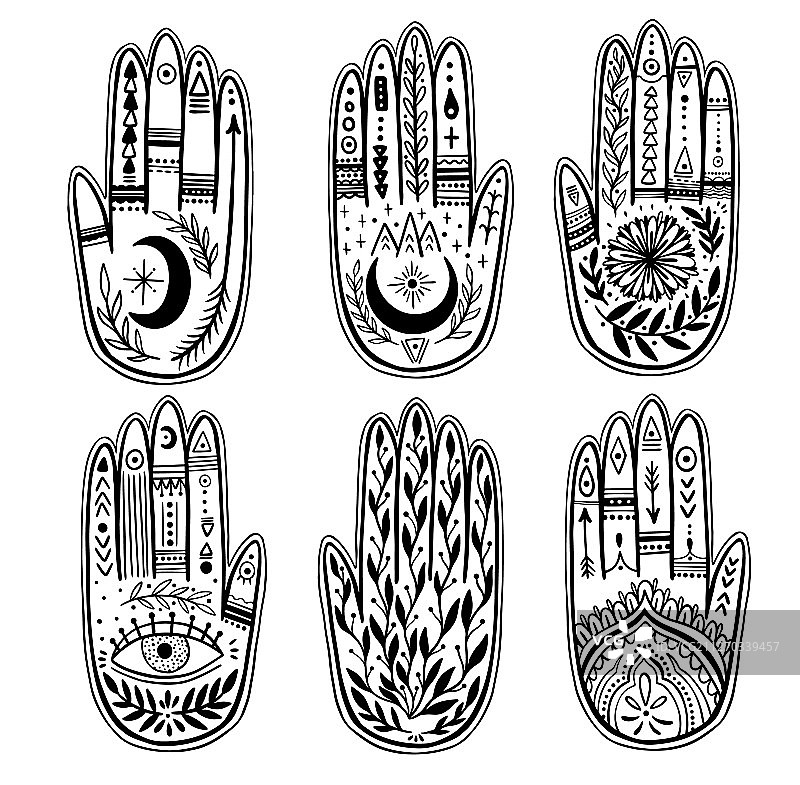 手相术黑白手绘图片素材