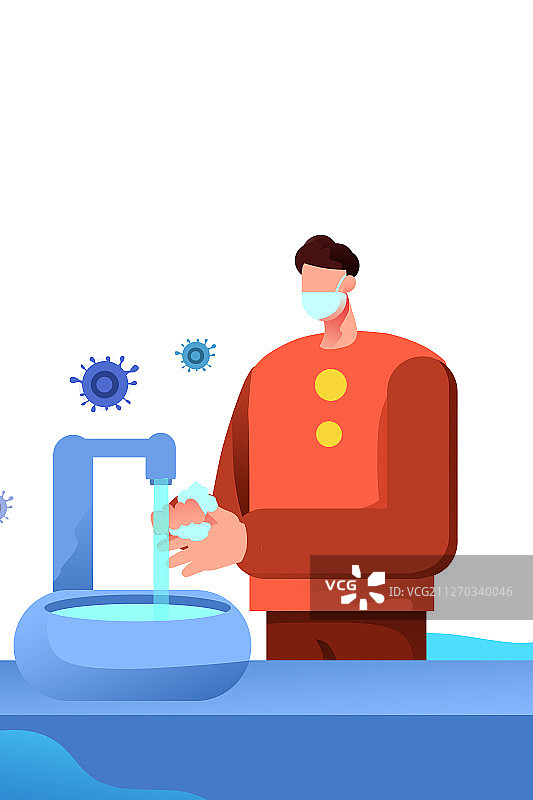 卡通手绘戴口罩勤洗手插画图片素材