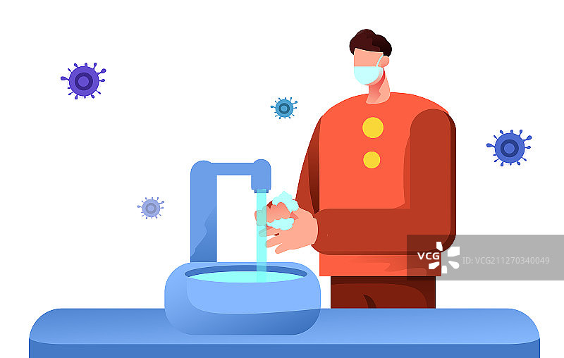 卡通手绘戴口罩勤洗手插画图片素材