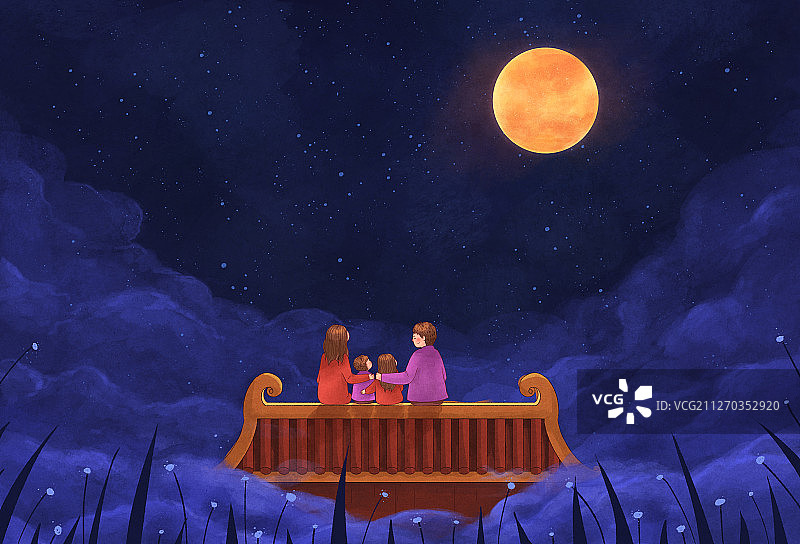 中秋节蓝色的夜晚插画图片素材
