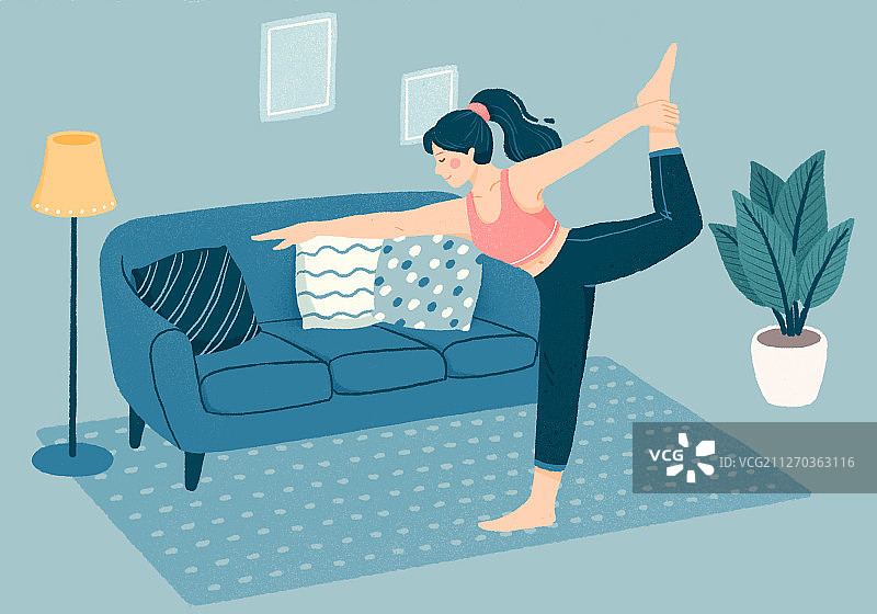 女孩室内练瑜伽插画图片素材