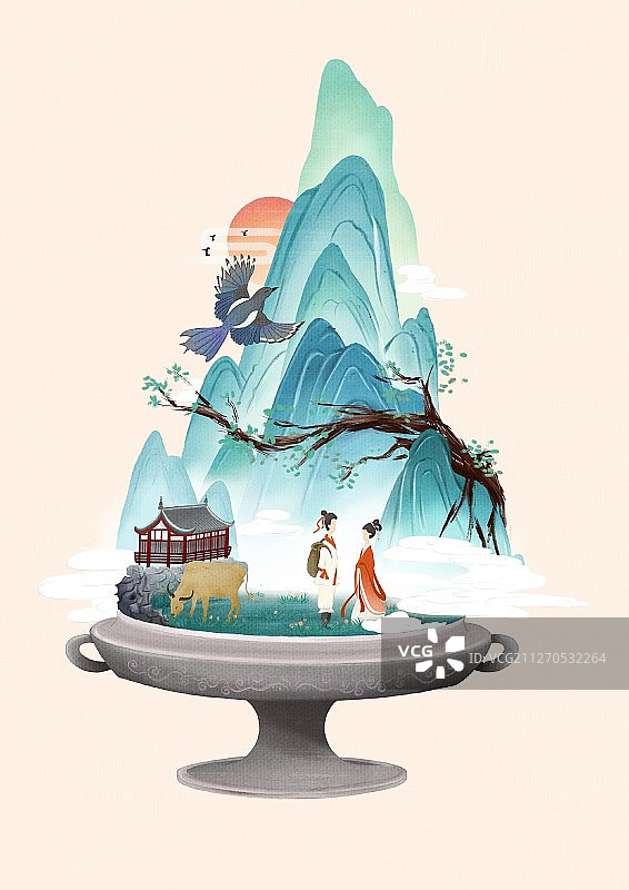 情人节中国风微观场景插画男女在秀丽的山水中相会图片素材