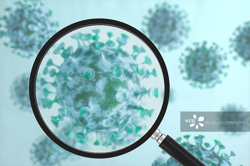 放大镜观察病毒 三维渲染图片素材