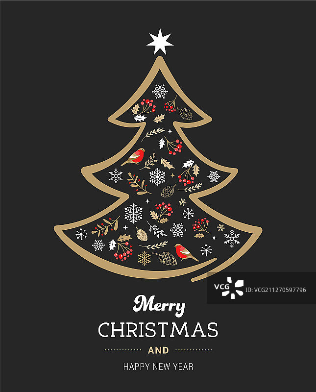 优雅的金色和黑色圣诞树与圣诞节装饰图片素材