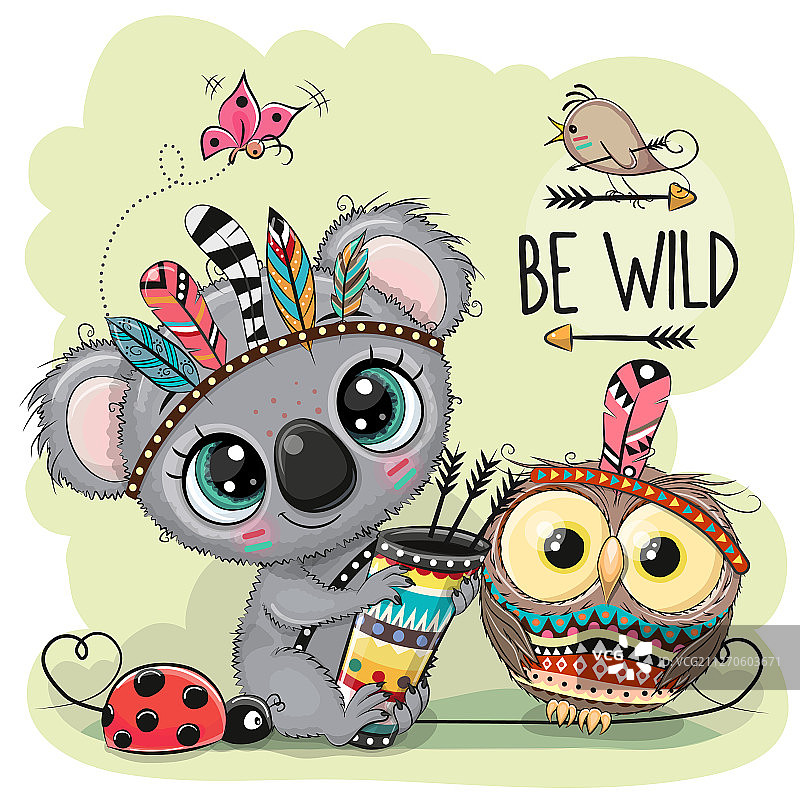 卡通部落考拉和猫头鹰羽毛素材图片素材