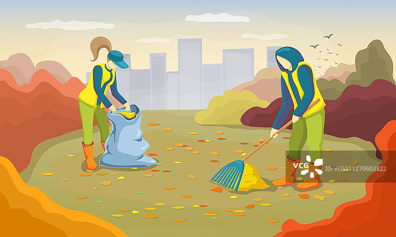 年轻志愿者清理秋叶图片素材