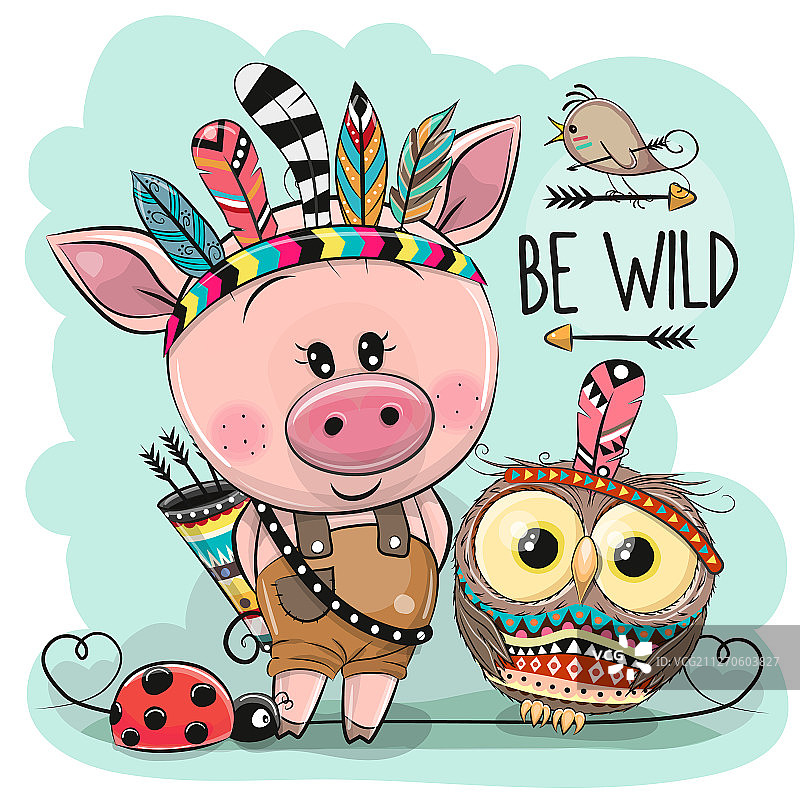 卡通部落猪和羽毛猫头鹰图片素材