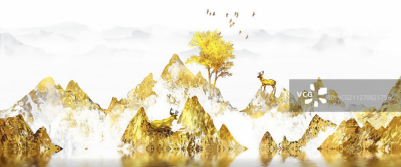 现代手绘抽象山水画鎏金装饰画 金色山水图片素材
